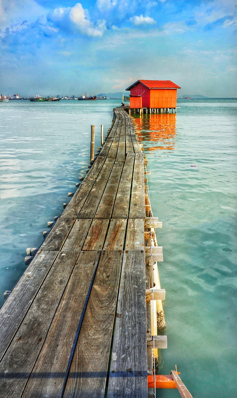 walkway, sea, water, pump station, boards, nature, penang, malaysia